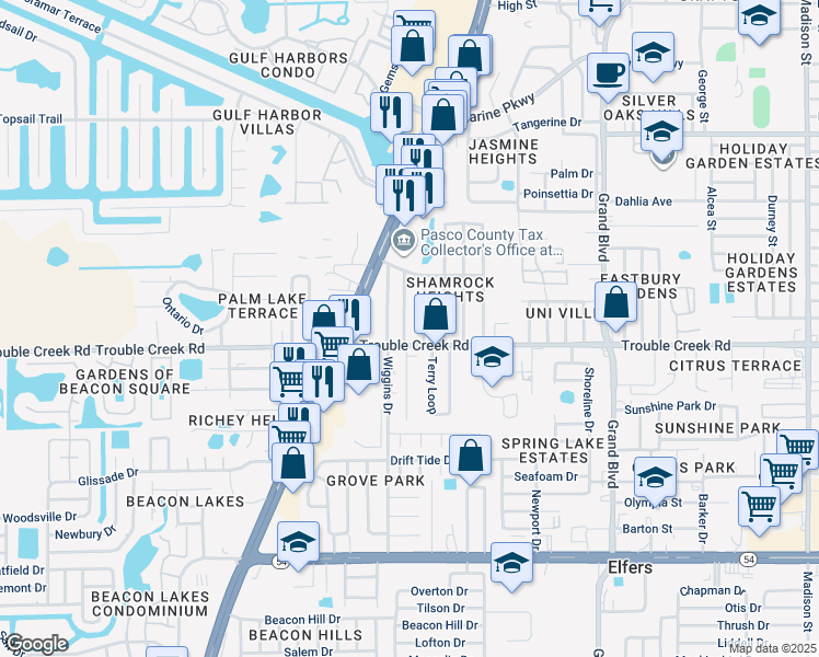 map of restaurants, bars, coffee shops, grocery stores, and more near 4524 Pirate Place in Port Richey