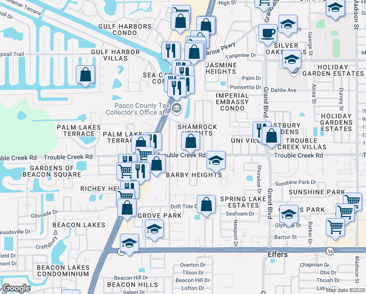 map of restaurants, bars, coffee shops, grocery stores, and more near 4542 Pirate Place in New Port Richey
