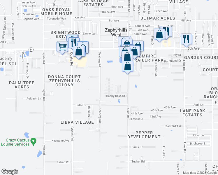 map of restaurants, bars, coffee shops, grocery stores, and more near 36910 Ping Pong Dr in Zephyrhills