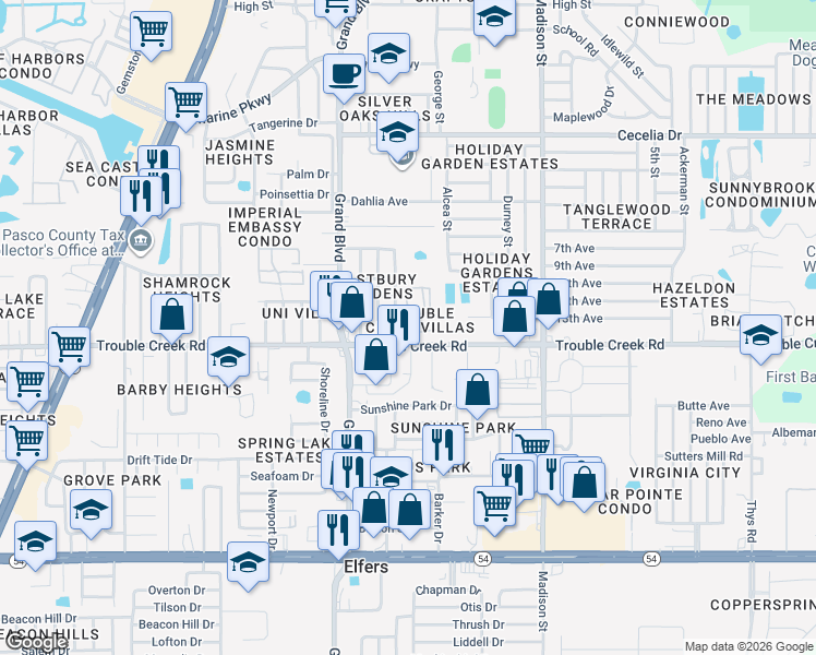 map of restaurants, bars, coffee shops, grocery stores, and more near 4544 Somerset Place in New Port Richey