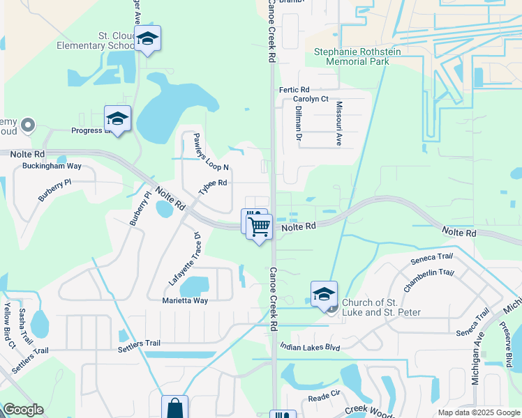 map of restaurants, bars, coffee shops, grocery stores, and more near 3507 Sanctuary Drive in Saint Cloud