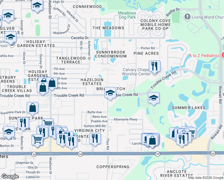 map of restaurants, bars, coffee shops, grocery stores, and more near 6503 Thicket Trail in New Port Richey