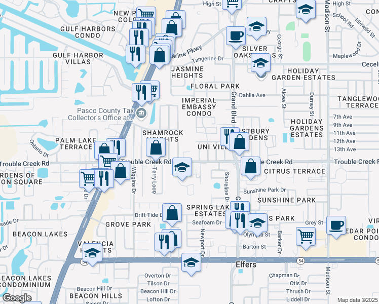 map of restaurants, bars, coffee shops, grocery stores, and more near 4547 Poole Street in New Port Richey