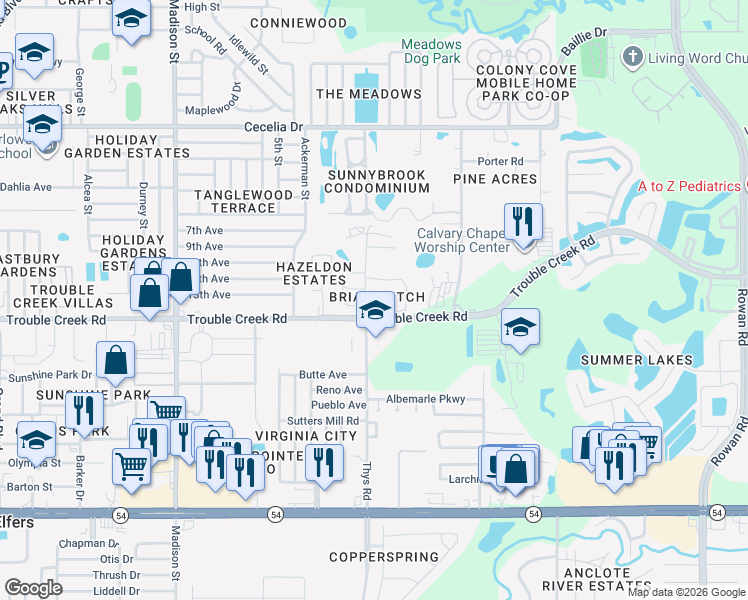 map of restaurants, bars, coffee shops, grocery stores, and more near 6503 Thicket Trail in New Port Richey