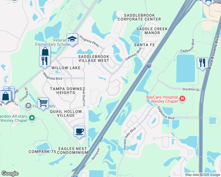 map of restaurants, bars, coffee shops, grocery stores, and more near 27211 Liriope Court in Wesley Chapel