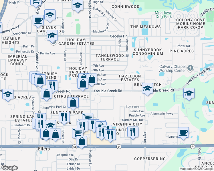 map of restaurants, bars, coffee shops, grocery stores, and more near 6127 13th Avenue in New Port Richey