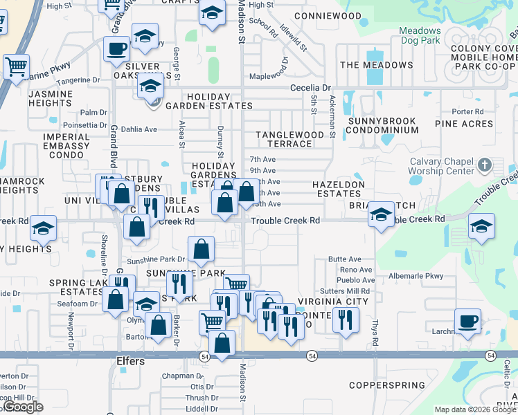 map of restaurants, bars, coffee shops, grocery stores, and more near 6032 13th Avenue in New Port Richey