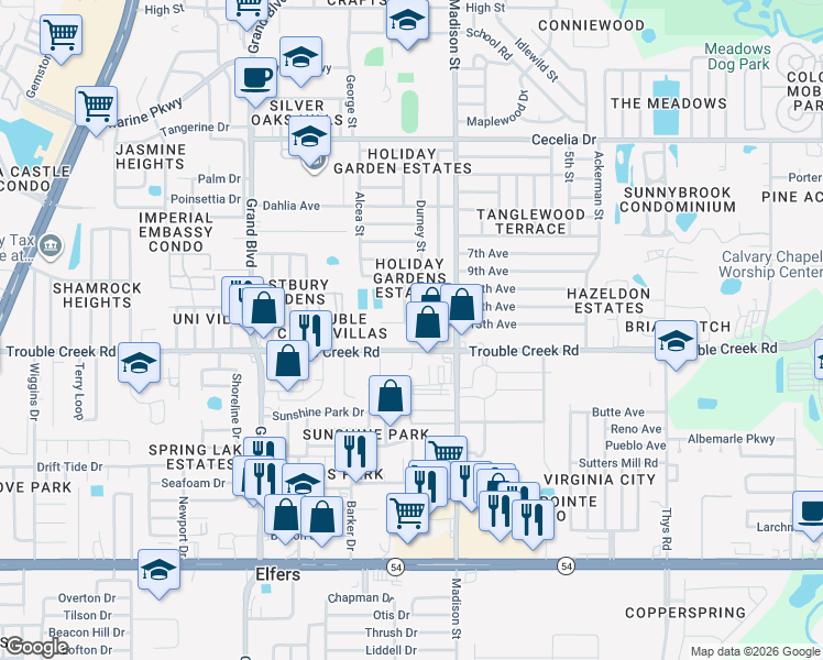 map of restaurants, bars, coffee shops, grocery stores, and more near 4528 Bowl Street in New Port Richey