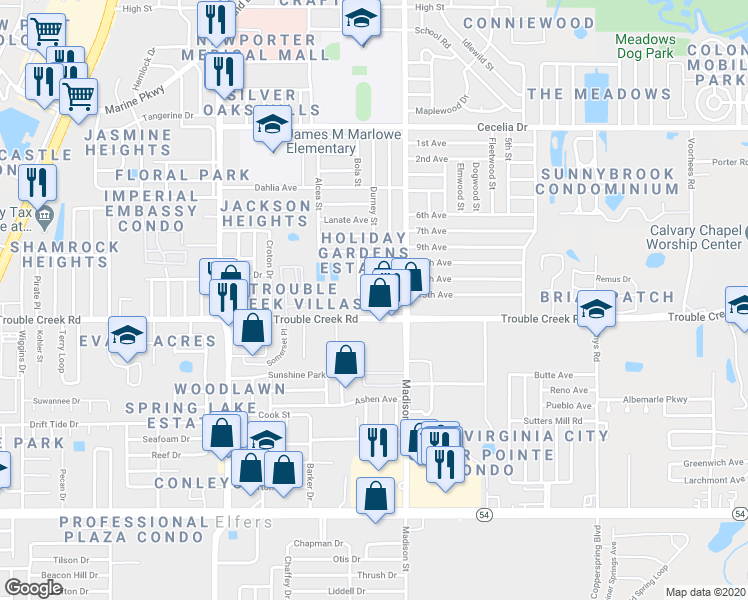 map of restaurants, bars, coffee shops, grocery stores, and more near 5910 13th Avenue in New Port Richey