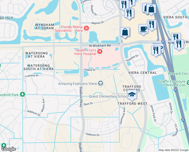 map of restaurants, bars, coffee shops, grocery stores, and more near Stadium Parkway in Melbourne
