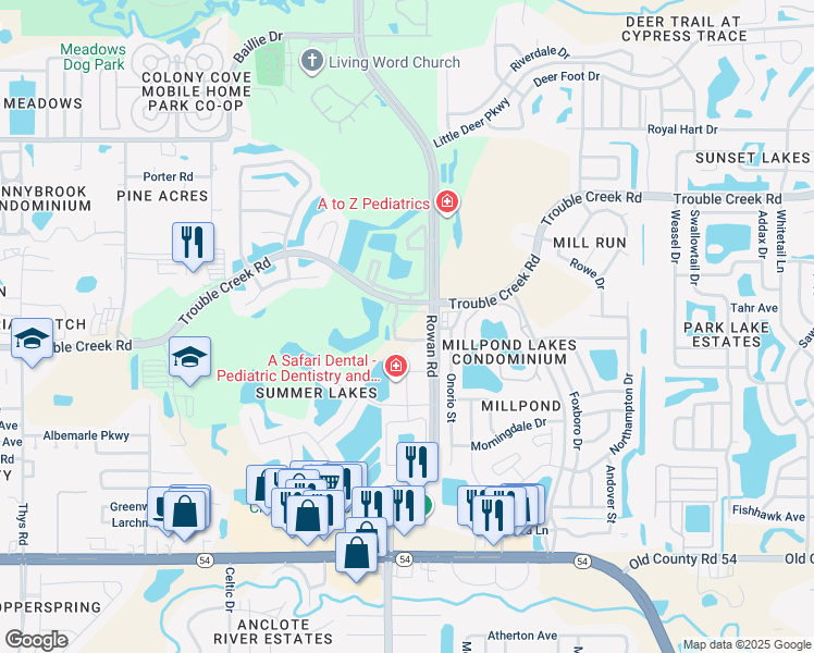 map of restaurants, bars, coffee shops, grocery stores, and more near 7400 Trouble Creek Road in New Port Richey