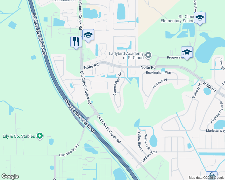 map of restaurants, bars, coffee shops, grocery stores, and more near 3334 Cypress Point Circle in St. Cloud