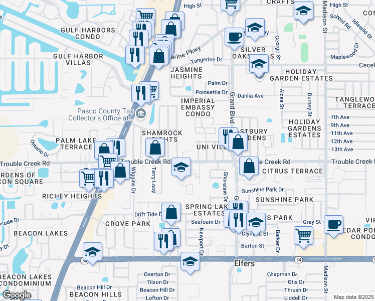 map of restaurants, bars, coffee shops, grocery stores, and more near 4547 Poole Street in New Port Richey