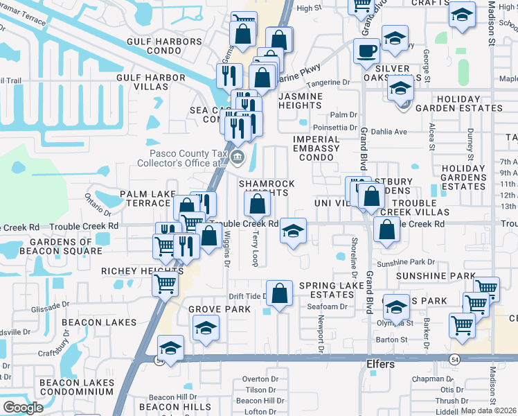 map of restaurants, bars, coffee shops, grocery stores, and more near 4542 Belfast Drive in New Port Richey