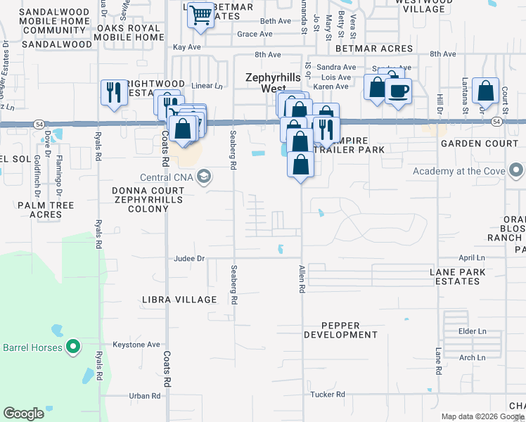 map of restaurants, bars, coffee shops, grocery stores, and more near 36910 Ping Pong Dr in Zephyrhills