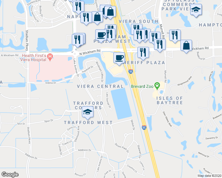 map of restaurants, bars, coffee shops, grocery stores, and more near 8527 Mizell Drive in Melbourne