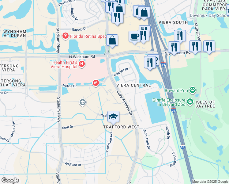 map of restaurants, bars, coffee shops, grocery stores, and more near Lake Andrews Drive in Melbourne