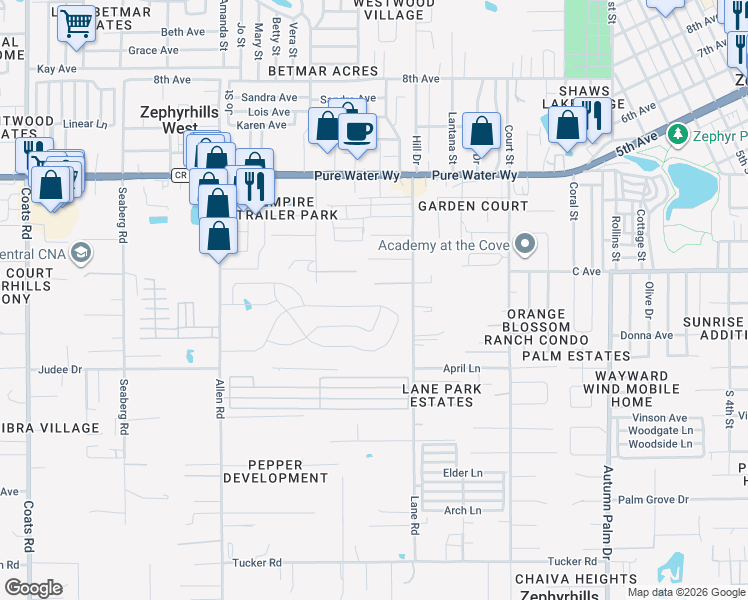 map of restaurants, bars, coffee shops, grocery stores, and more near 37501 Sharks Eye Lane in Zephyrhills