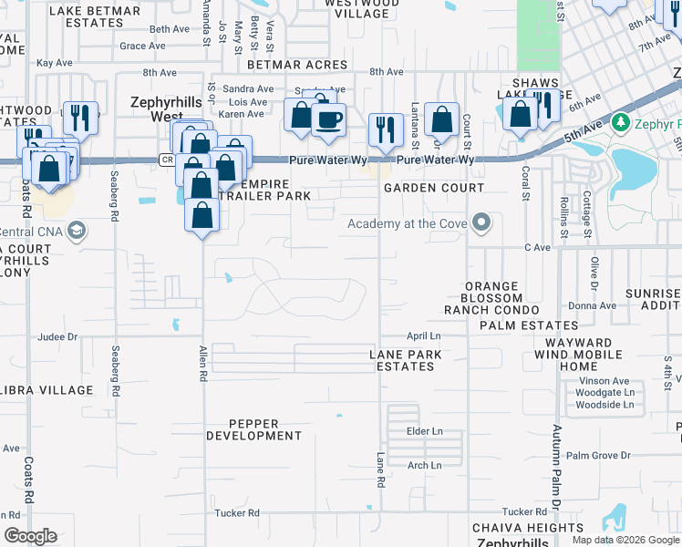 map of restaurants, bars, coffee shops, grocery stores, and more near 37352 Lea Avenue in Zephyrhills