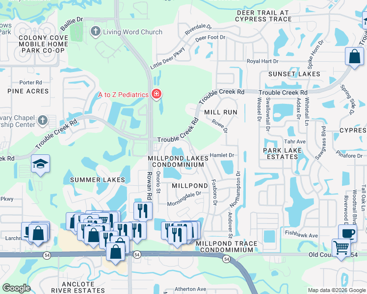 map of restaurants, bars, coffee shops, grocery stores, and more near 4529 Whitton Way in New Port Richey