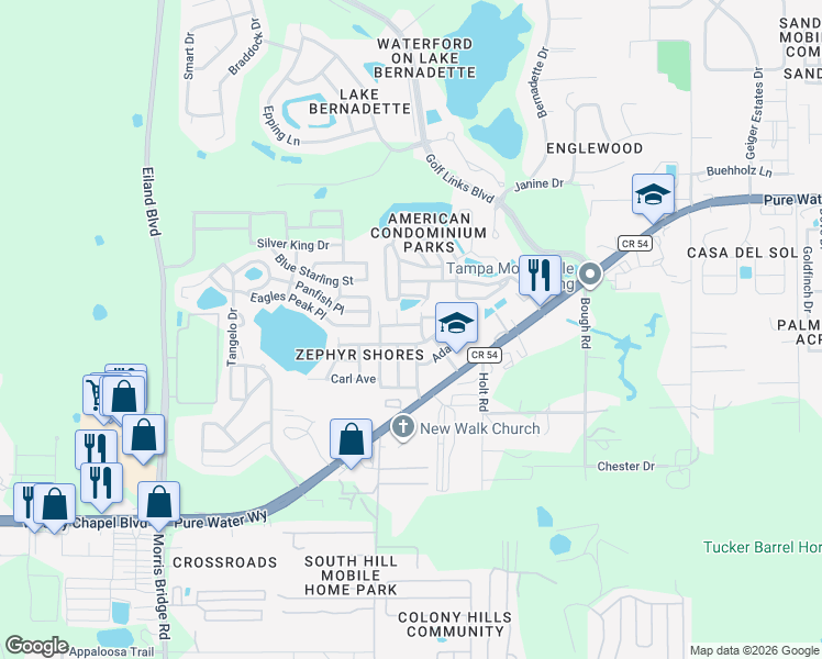 map of restaurants, bars, coffee shops, grocery stores, and more near 4704 Madison Avenue in Zephyrhills