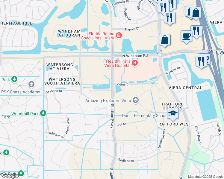 map of restaurants, bars, coffee shops, grocery stores, and more near 8150 Stadium Parkway in Melbourne