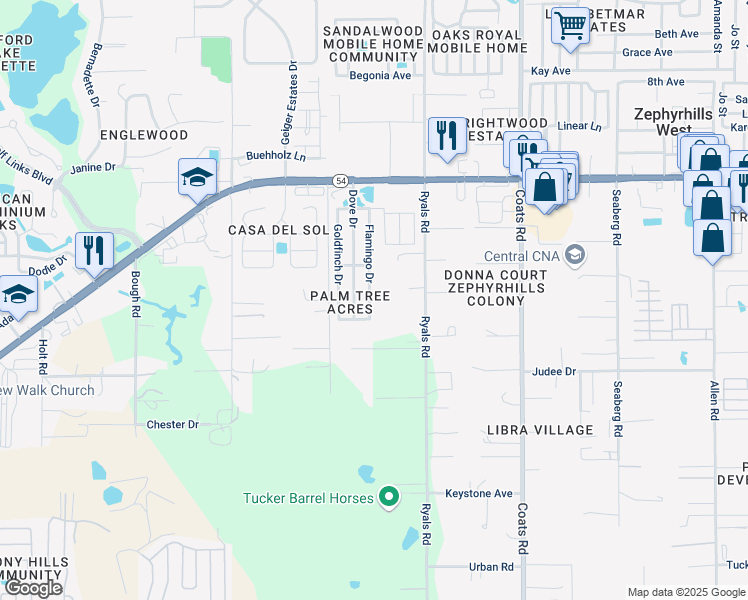 map of restaurants, bars, coffee shops, grocery stores, and more near 4648 Flamingo Drive in Zephyrhills