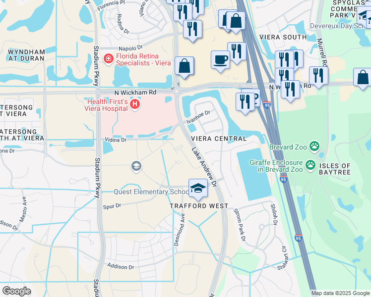 map of restaurants, bars, coffee shops, grocery stores, and more near Lake Andrews Drive in Melbourne