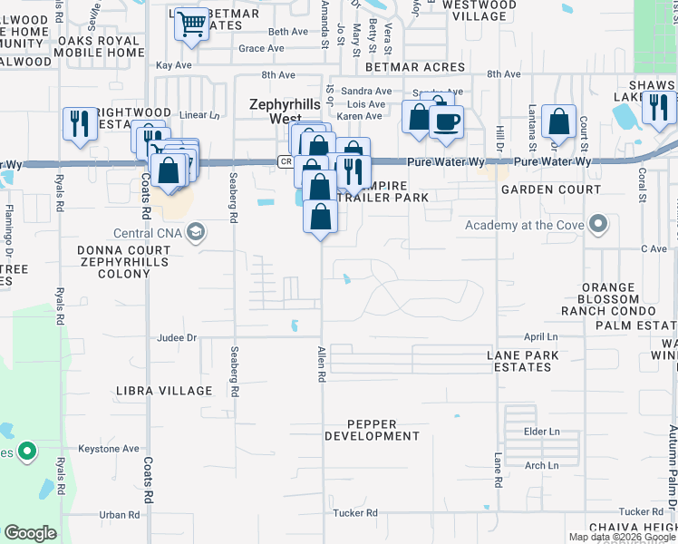map of restaurants, bars, coffee shops, grocery stores, and more near 37060 Kings Crown Drive in Zephyrhills