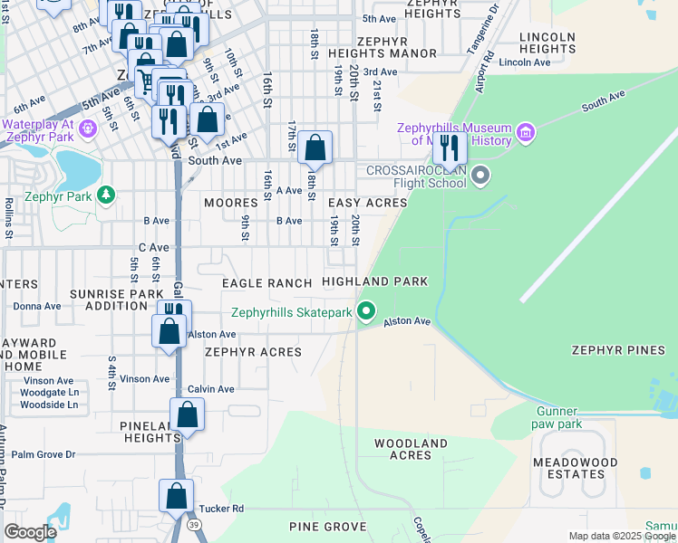 map of restaurants, bars, coffee shops, grocery stores, and more near 4646 Wesleyan Drive in Zephyrhills