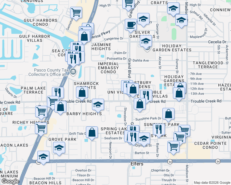 map of restaurants, bars, coffee shops, grocery stores, and more near 4542 Grand Central Avenue in New Port Richey