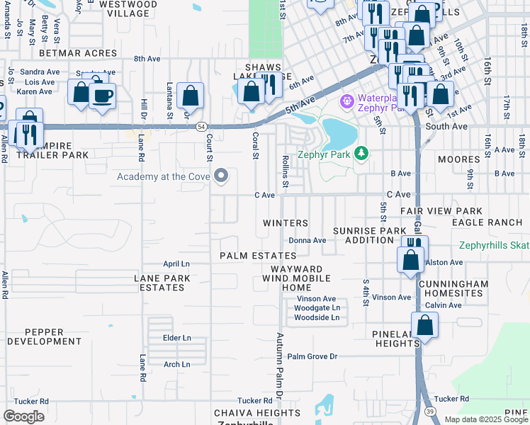 map of restaurants, bars, coffee shops, grocery stores, and more near 4643 Rollins Street in Zephyrhills