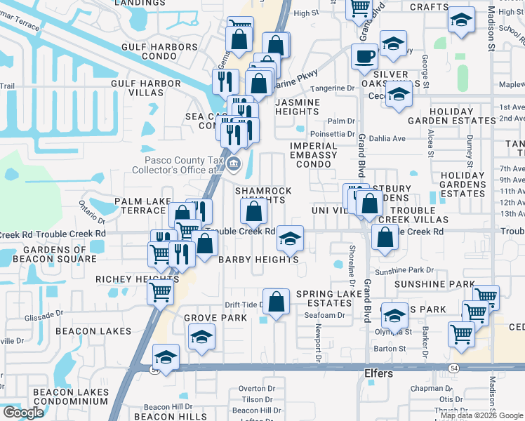 map of restaurants, bars, coffee shops, grocery stores, and more near 4542 Belfast Drive in New Port Richey