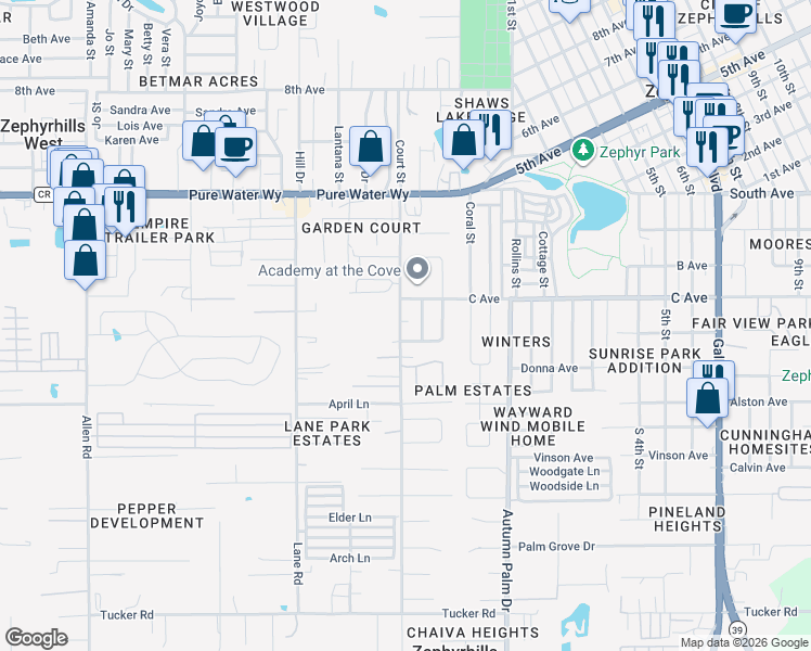 map of restaurants, bars, coffee shops, grocery stores, and more near 4644 Court Street in Zephyrhills