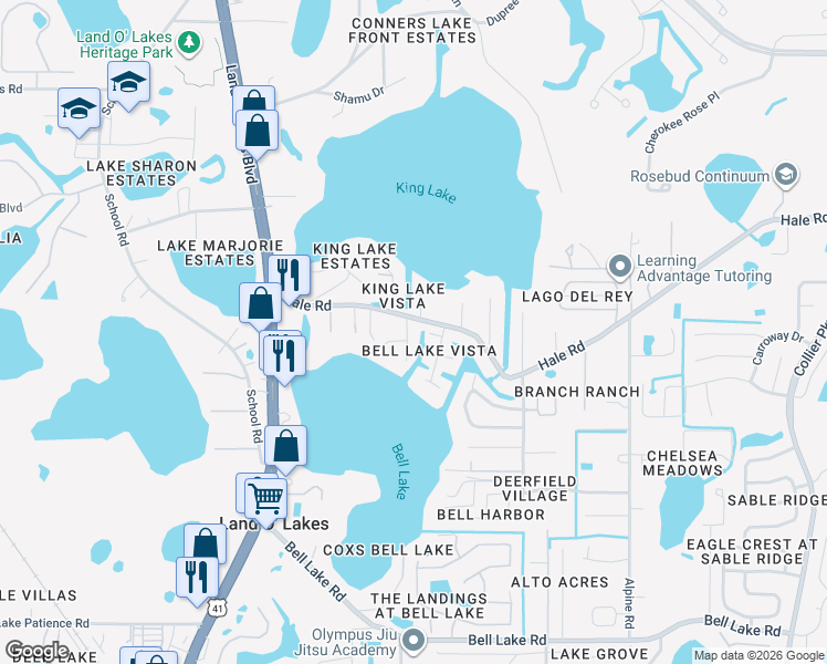map of restaurants, bars, coffee shops, grocery stores, and more near 4710 Kenny Court in Land O' Lakes