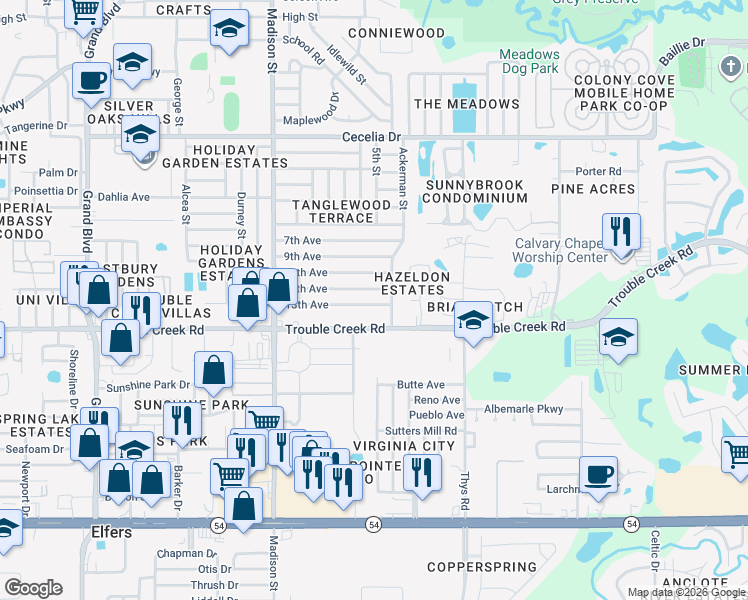 map of restaurants, bars, coffee shops, grocery stores, and more near 6235 13th Avenue in New Port Richey