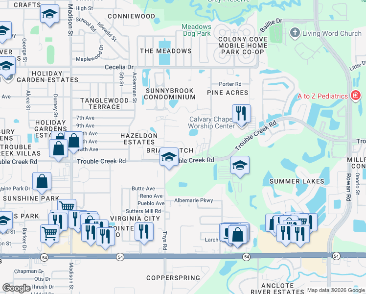 map of restaurants, bars, coffee shops, grocery stores, and more near 6539 Thicket Trail in New Port Richey