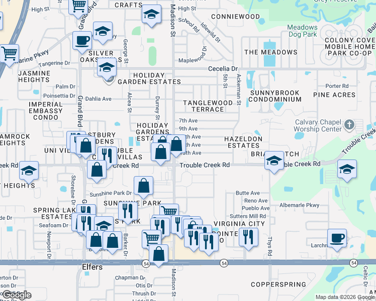 map of restaurants, bars, coffee shops, grocery stores, and more near 6029 13th Avenue in New Port Richey