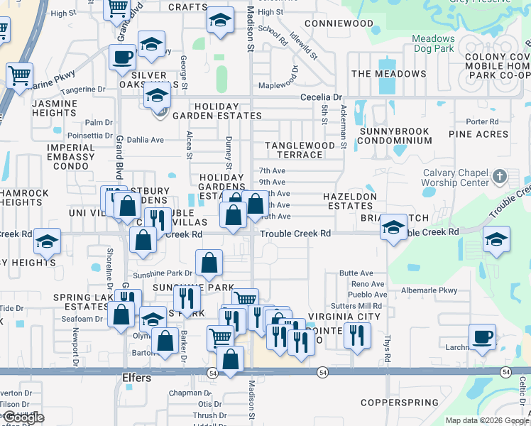 map of restaurants, bars, coffee shops, grocery stores, and more near 6029 13th Avenue in New Port Richey