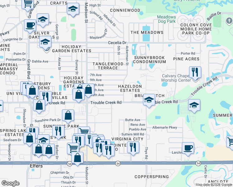 map of restaurants, bars, coffee shops, grocery stores, and more near 6227 13th Avenue in New Port Richey