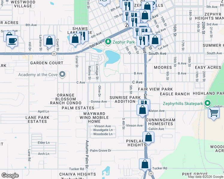 map of restaurants, bars, coffee shops, grocery stores, and more near 4648 Charter Street in Zephyrhills