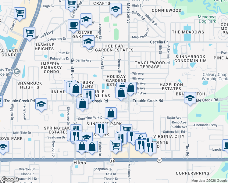 map of restaurants, bars, coffee shops, grocery stores, and more near 4528 Bowl Street in New Port Richey
