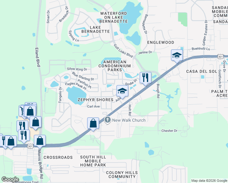 map of restaurants, bars, coffee shops, grocery stores, and more near 4704 Madison Avenue in Zephyrhills