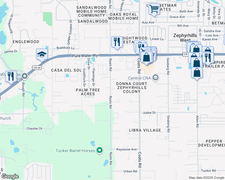 map of restaurants, bars, coffee shops, grocery stores, and more near 36308 Bessemer Lane in Zephyrhills