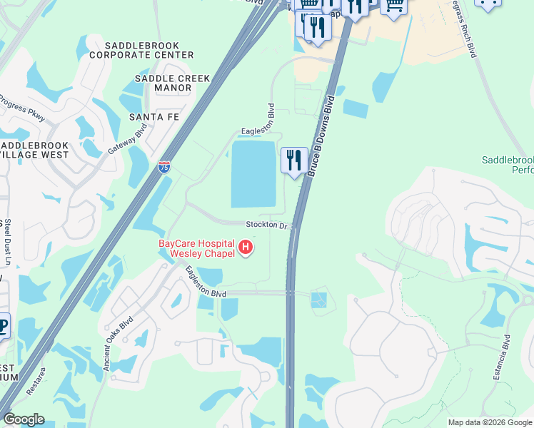 map of restaurants, bars, coffee shops, grocery stores, and more near 4681 Wandering Way in Wesley Chapel