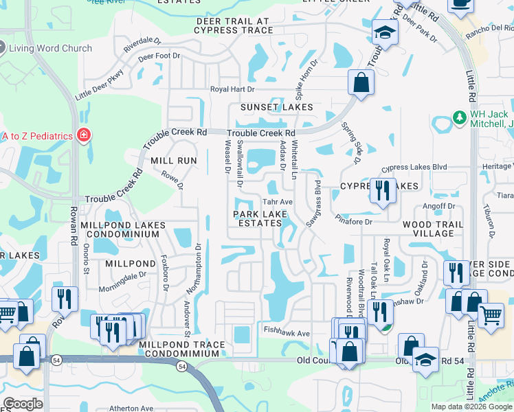 map of restaurants, bars, coffee shops, grocery stores, and more near 4545 Swallowtail Drive in New Port Richey
