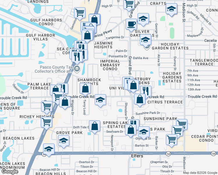 map of restaurants, bars, coffee shops, grocery stores, and more near 4547 Poole Street in New Port Richey