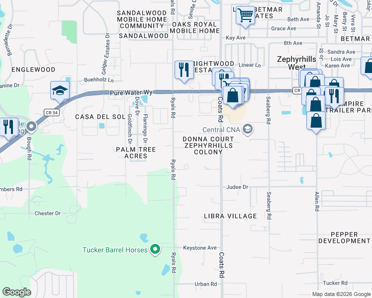 map of restaurants, bars, coffee shops, grocery stores, and more near 36308 Bessemer Lane in Zephyrhills