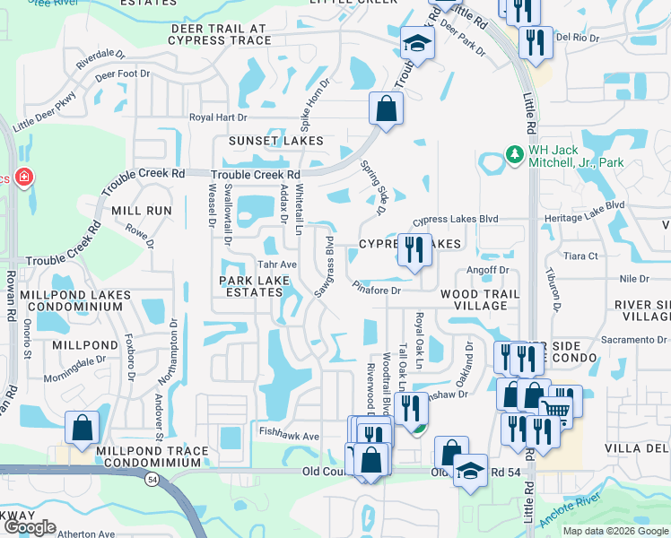 map of restaurants, bars, coffee shops, grocery stores, and more near 4546 Sawgrass Boulevard in New Port Richey
