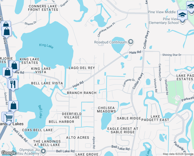 map of restaurants, bars, coffee shops, grocery stores, and more near 4718 Alpine Road in Land O' Lakes